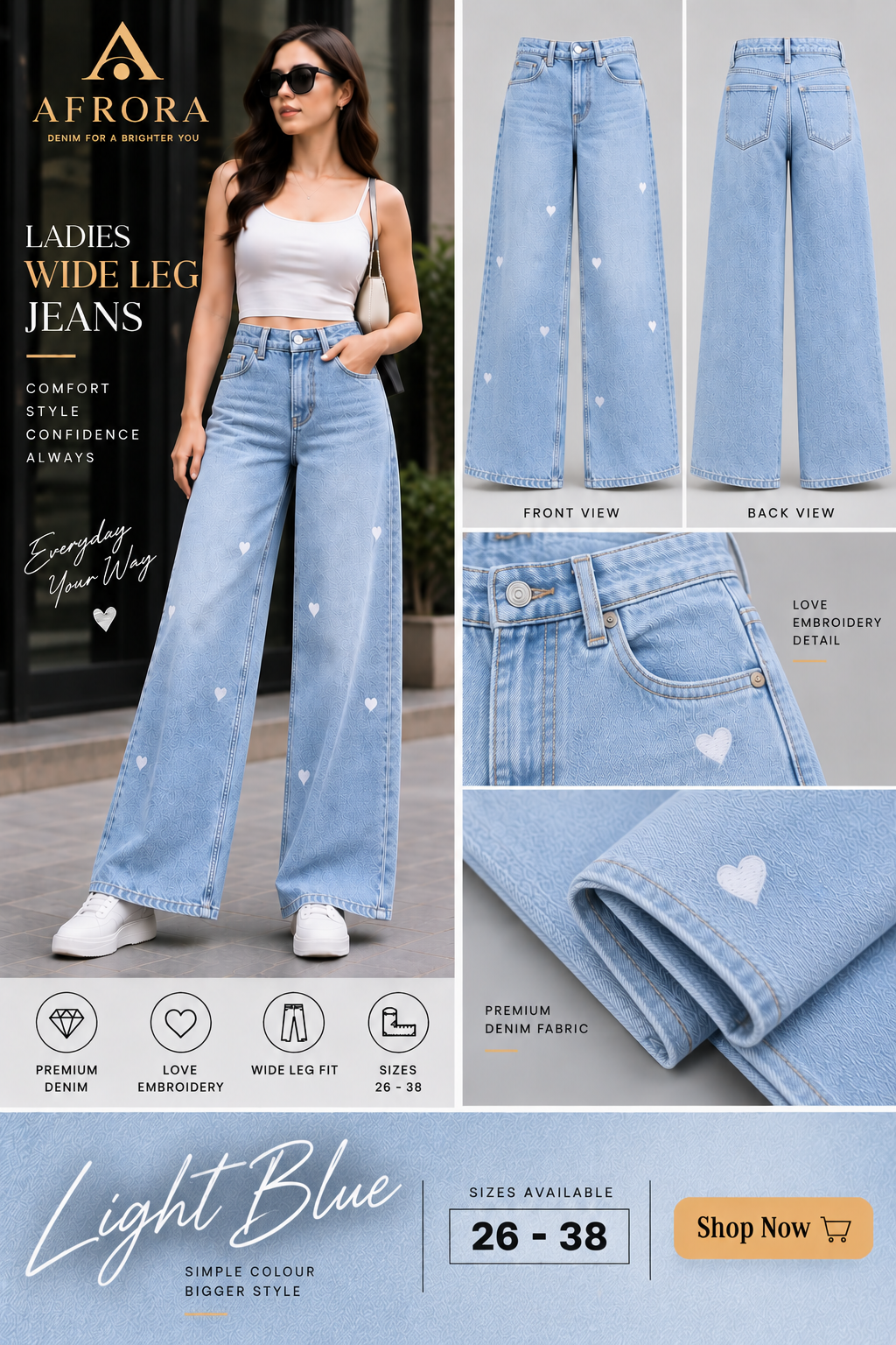 LADIES WIDE LEG JEANS - LOVE EMBROIDERY