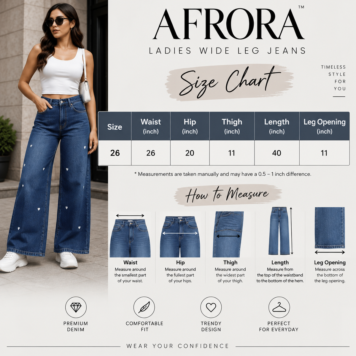 LADIES WIDE LEG JEANS - LOVE EMBROIDERY