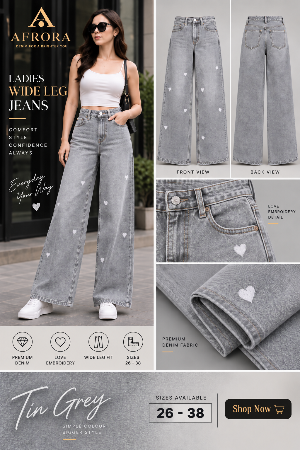 LADIES WIDE LEG JEANS - LOVE EMBROIDERY