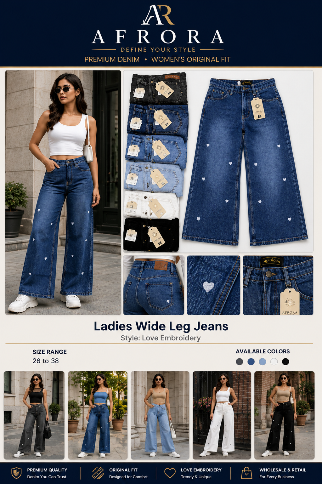 LADIES WIDE LEG JEANS - LOVE EMBROIDERY