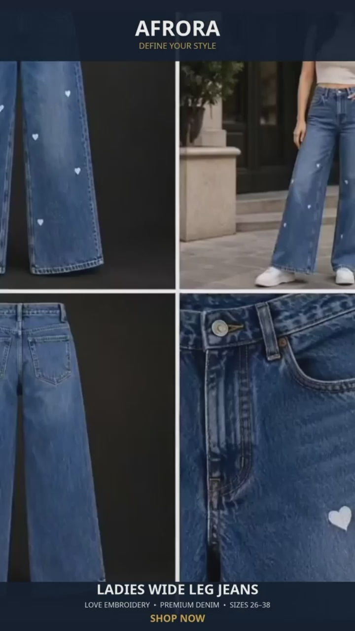 LADIES WIDE LEG JEANS - LOVE EMBROIDERY